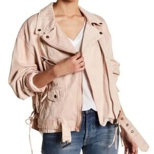 Free People Lace Up Rose Moto Denim Jacket Sz M